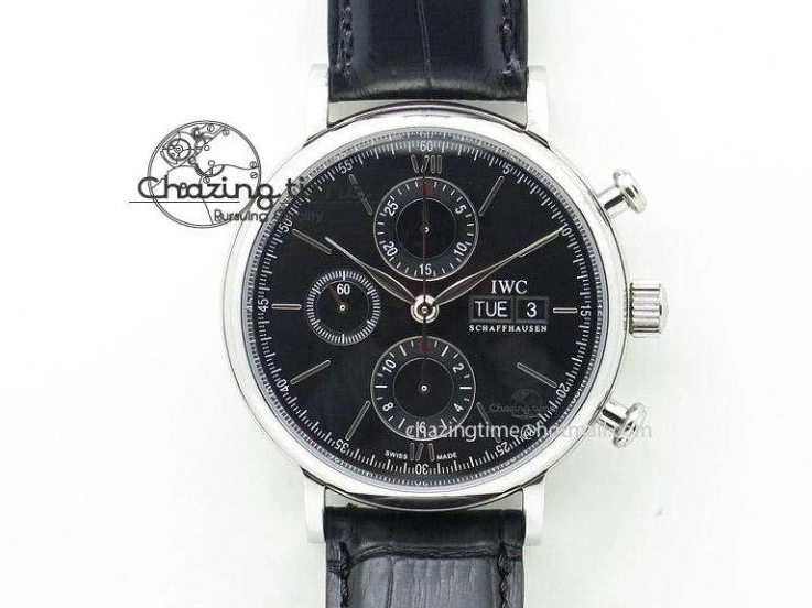 MIROTIME 0430 Portofino Chrono SS Black Dial on Black Leather Strap A Refined 7390